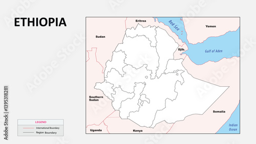 Ethiopia map. Political map of Ethiopia with Country border in outline. Political map of Ethiopia with outline and neighbouring countries.