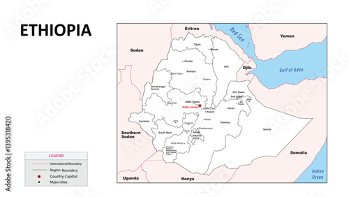 Ethiopia map. Country map of Ethiopia. Administrative map of Ethiopia with Country and capital in white color.