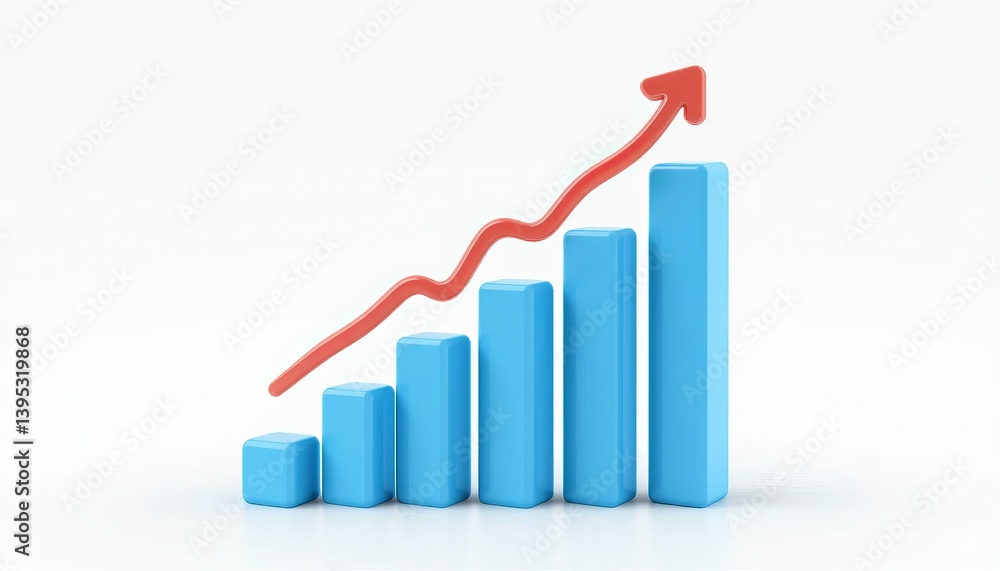 3D Render Of Blue Bar Graph With Red Upward Arrow On White Background 3D Render Of Blue Bar Graph With Red Upward Arrow On White Background