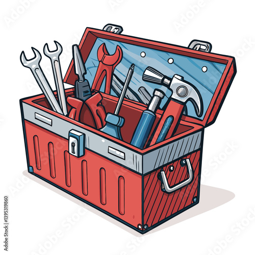 Design a vector illustration of a toolbox overflowing with assorted tools, rendered with bold, thick strokes and vibrant colors.  Focus on strong graphic impact.
