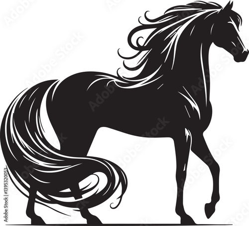 Black horse silhouette vector illustration showing a running stallion with flowing mane and tail