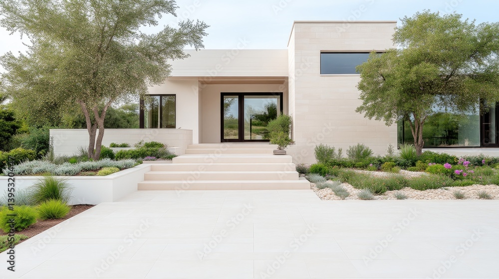 Modern minimalist house with clean lines and light beige facade, featuring large windows and glass door, surrounded by well-manicured garden and trees, sunny day with clear sky, and contemporary Modern minimalist house with clean lines and light beige facade, featuring large windows and glass door, surrounded by well-manicured garden and trees, sunny day with clear sky, and contemporary