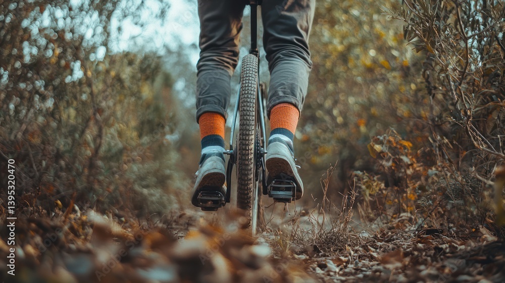 Person Riding Unicycle on Forest Path Surrounded by Fall Leaves and Green Vegetation in Natural Setting Person Riding Unicycle on Forest Path Surrounded by Fall Leaves and Green Vegetation in Natural Setting