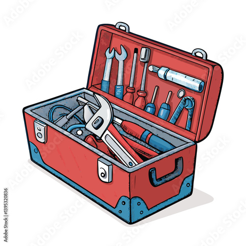 Create a bold vector illustration of a toolbox overflowing with assorted tools, emphasizing strong lines and vibrant colors.