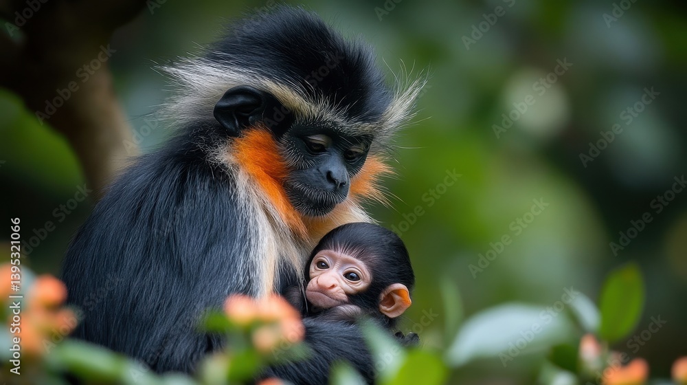 Fototapeta premium red-shanked douc langur mother and baby