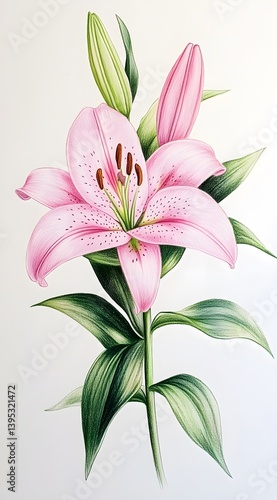 Pink Lily Flower with Green Leaves and Stem Botanical Art on White Background, Isolated