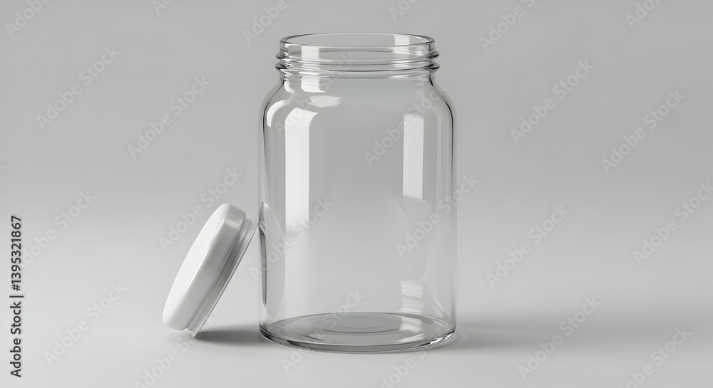 Empty Clear Glass Jar With White Lid On Light Grey Background Empty Clear Glass Jar With White Lid On Light Grey Background