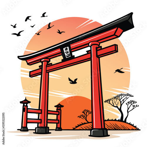 Create a bold, vector illustration of a vibrant sunset behind a striking torii gate, emphasizing strong lines and graphic style.