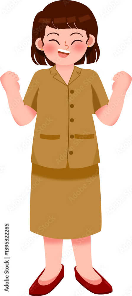 Joyful Woman in Taupe Uniform, Triumphant Pose Joyful Woman in Taupe Uniform, Triumphant Pose