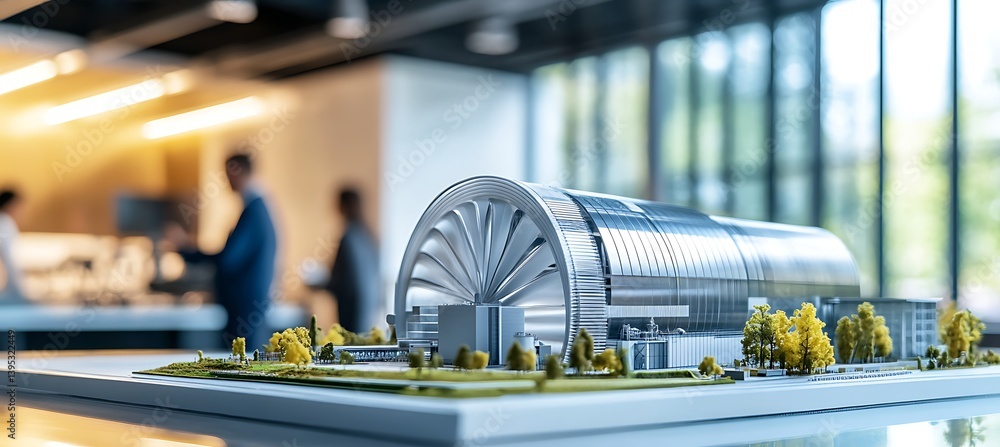 A detailed model of a hydro power station placed on a modern office table under bright lighting in a clean professional workspace.