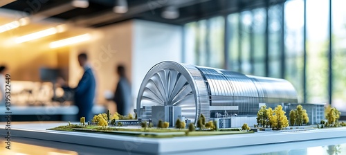Obraz na płótnie A detailed model of a hydro power station placed on a modern office table under bright lighting in a clean professional workspace. w salonie