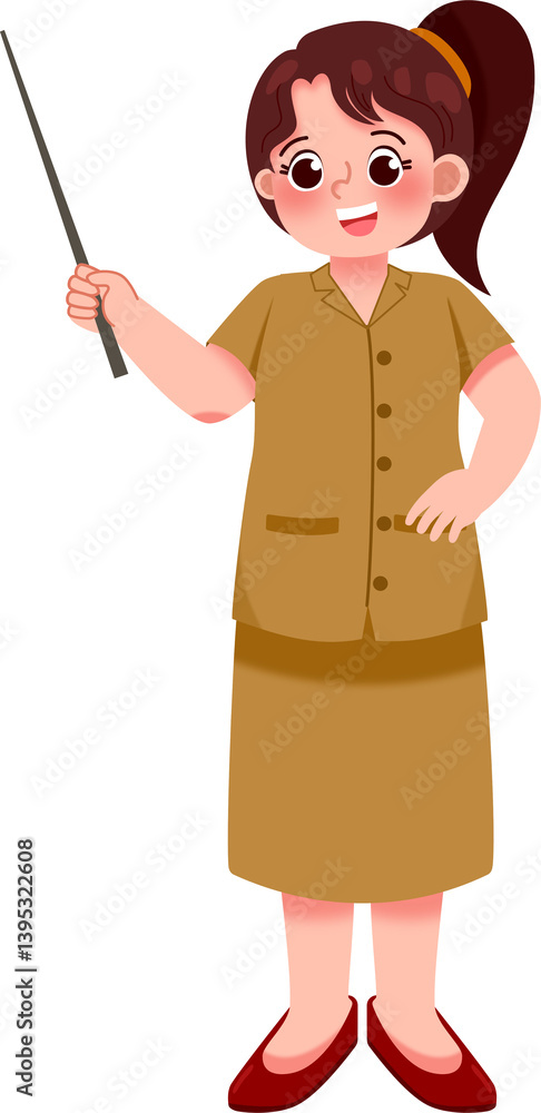 Smiling Young Woman in Khaki Uniform Holding Pointer Smiling Young Woman in Khaki Uniform Holding Pointer