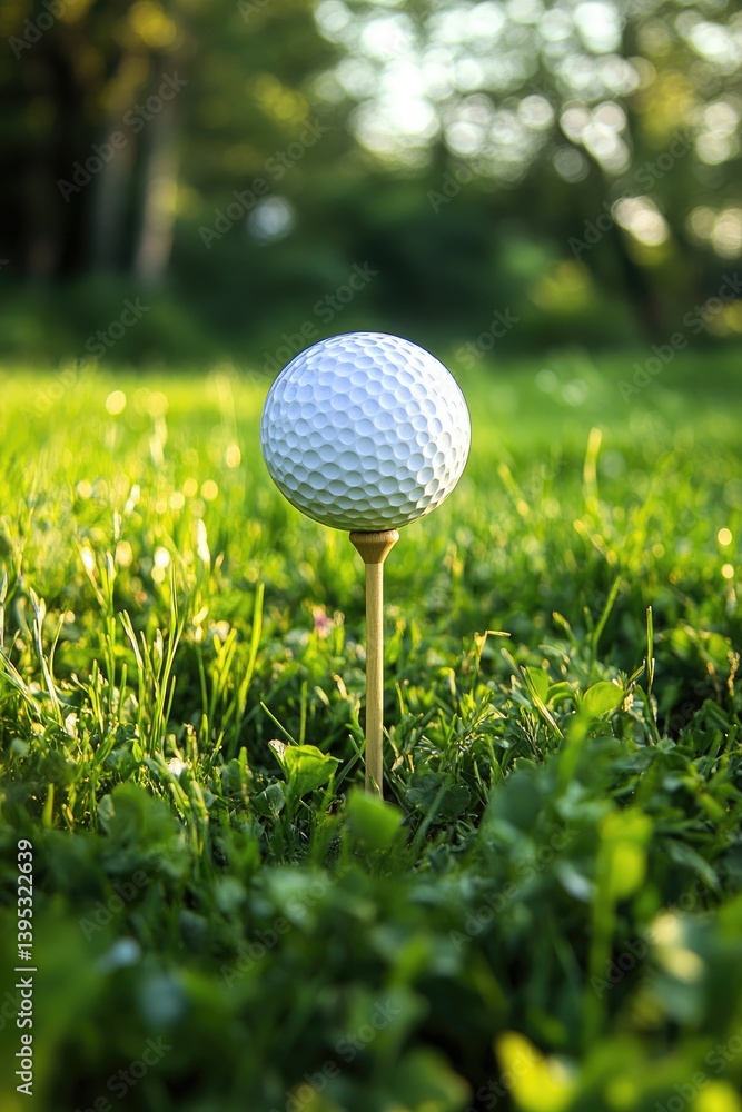 Golf ball on tee in lush green grass Golf ball on tee in lush green grass