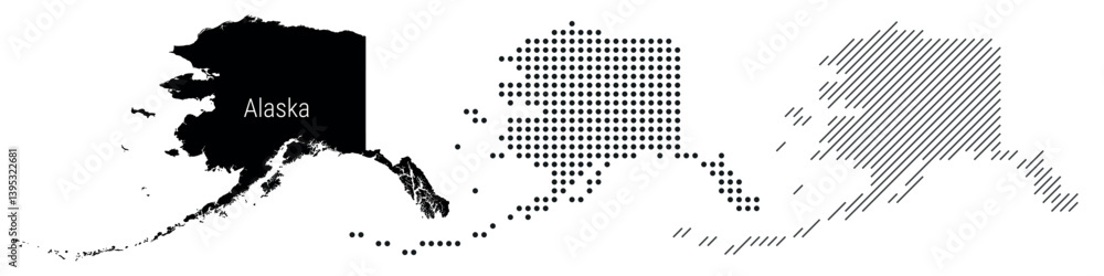 Alaska detailed silhouette map, dotted pattern and slanted parallel lines pattern, textured stylized map. Vector illustration isolated on white. Alaska detailed silhouette map, dotted pattern and slanted parallel lines pattern, textured stylized map. Vector illustration isolated on white.
