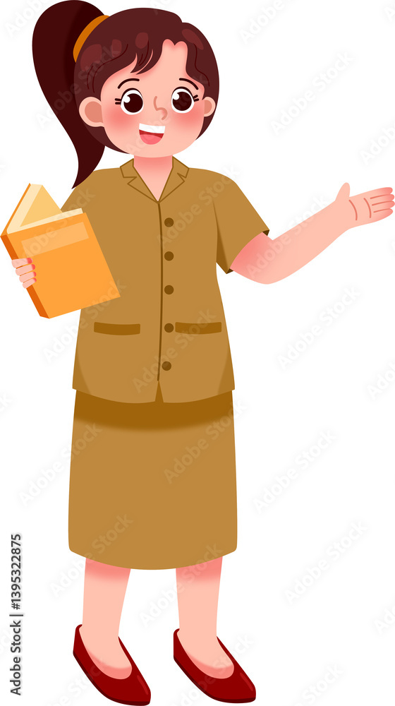 Smiling Girl in Khaki Uniform Presenting Book, Cartoon Illustration Smiling Girl in Khaki Uniform Presenting Book, Cartoon Illustration