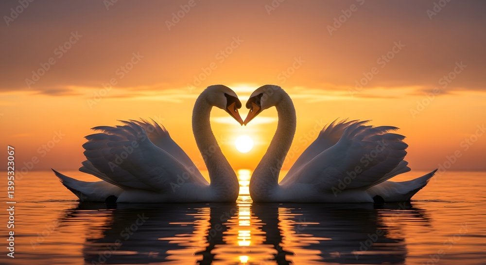 Fototapeta premium Swans Forming Heart Shape During Golden Sunset Over Water