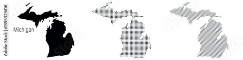 Michigan silhouette map and two patterns of dots and slanted lines. Flat vector illustration isolated on white