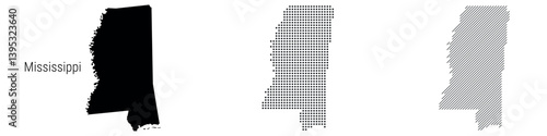 Mississippi silhouette map and two patterns of dots and slanted lines. Flat vector illustration isolated on white