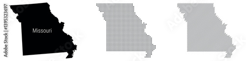 Missouri silhouette map and two patterns of dots and slanted lines. Flat vector illustration isolated on white