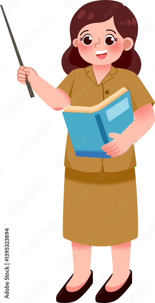 Smiling Teacher with Pointer and Textbook, Cartoon Illustration Smiling Teacher with Pointer and Textbook, Cartoon Illustration