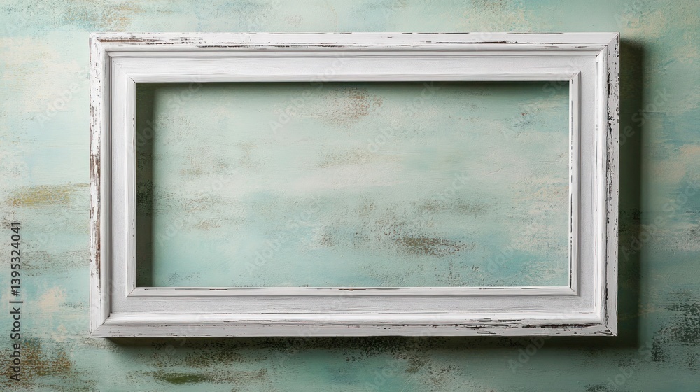 A distressed white wooden frame, large and rectangular, placed on a faded green wall, radiating a vintage cottage aesthetic.