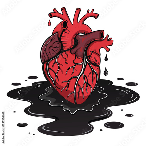 Create a vector illustration of a torn, monstrous heart with bold, expressive strokes; emphasizing texture and dark, vibrant colors.