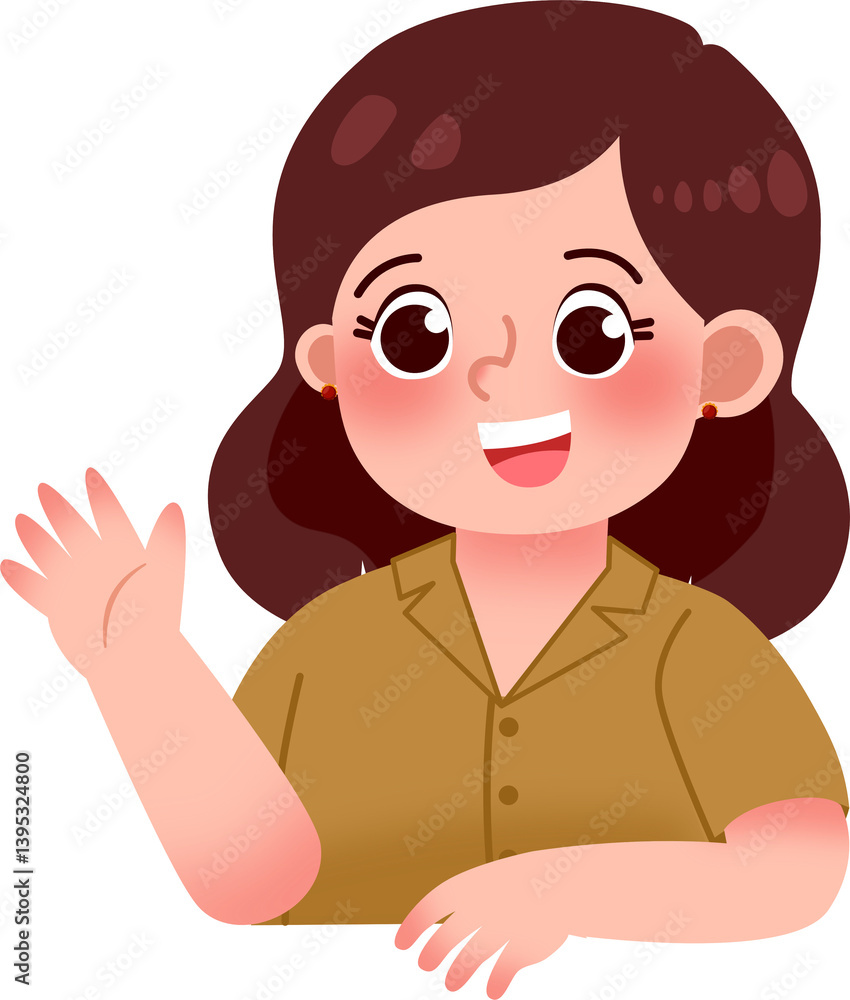 Cheerful Young Woman Waving, Casual Illustration Cheerful Young Woman Waving, Casual Illustration