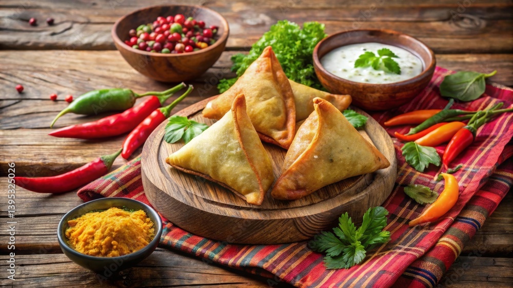 Savory Fried Pastry Triangles Served with Yogurt Dip and Spices on Wooden Board Savory Fried Pastry Triangles Served with Yogurt Dip and Spices on Wooden Board