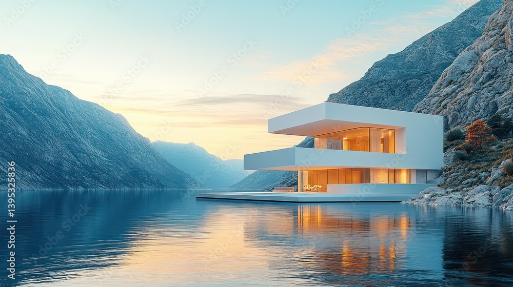 Fototapeta premium Modern minimalist house on a lake, nestled between mountains