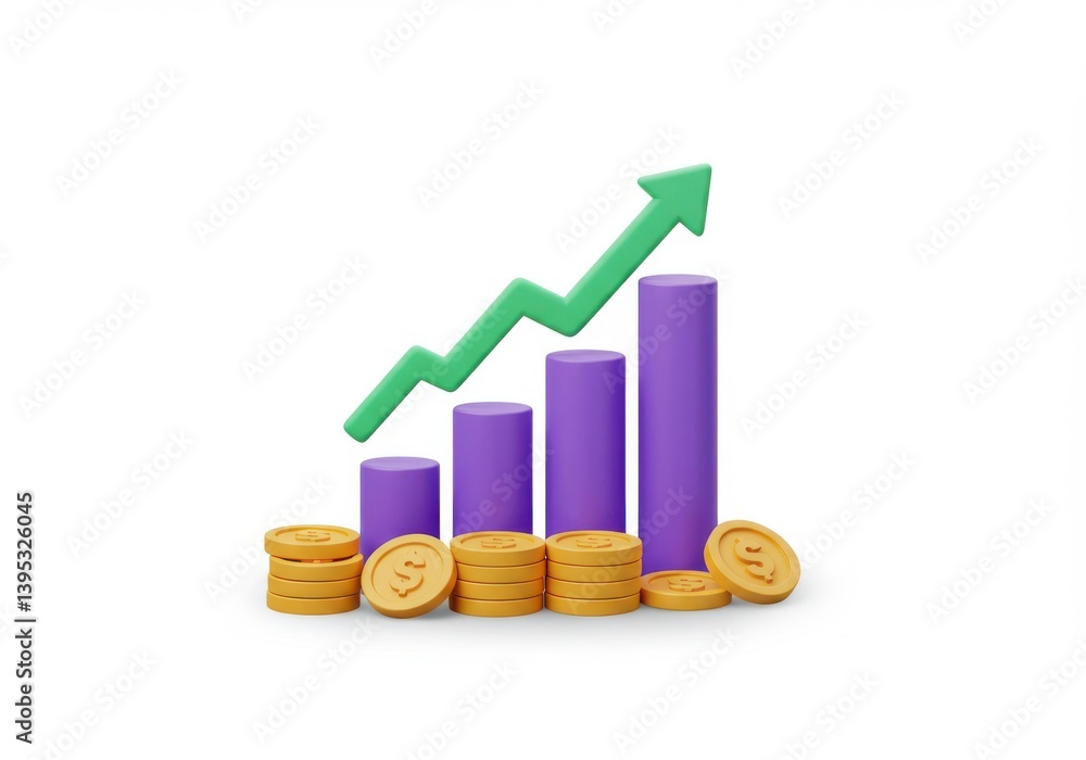 Financial growth chart with coins and green arrow symbol isolated on white background Financial growth chart with coins and green arrow symbol isolated on white background