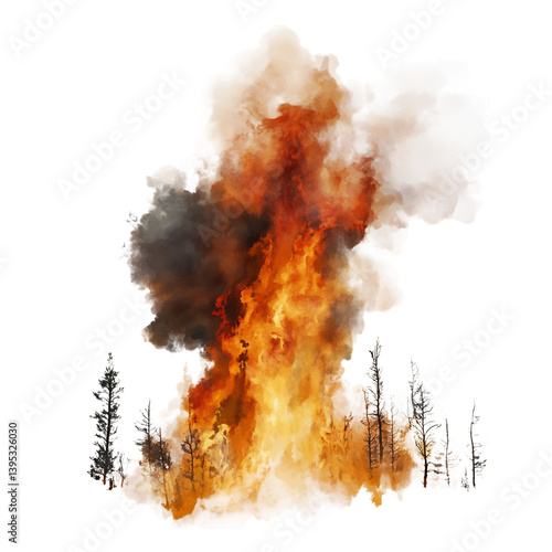 Large Blaze in Forest Titled Flames Isolated on Transparent Background