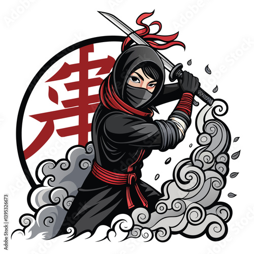 Create a vector illustration of a masked anime girl ninja, featuring bold, graphic strokes and strong contrasts.  Style should be dynamic and impactful.