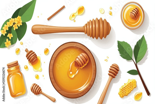 Honey and wooden dipper isolated on white background, top view