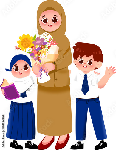 Smiling Muslim Teacher with Students and Flowers, Graduation Day Illustration