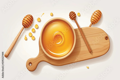 Honey and wooden dipper isolated on white background, top view