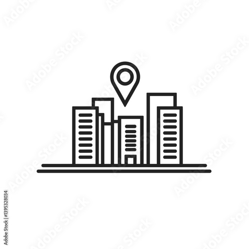 City skyline with a location pin on a clean, minimalist background