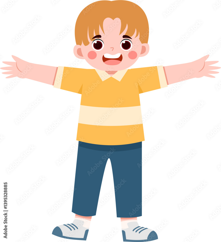 Joyful Boy with Open Arms, Yellow Polo Shirt, and Teal Pants Joyful Boy with Open Arms, Yellow Polo Shirt, and Teal Pants
