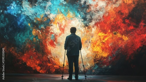 A man on crutches gazes at a vibrant, abstract painting; art as inspiration.