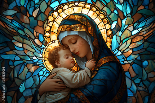 Stained glass art of Virgin Mary with baby Jesus embracing in warm glow