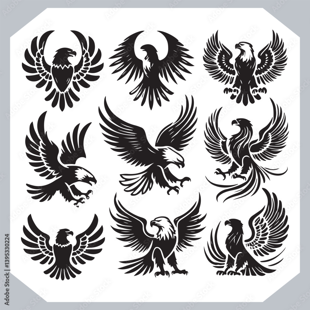 Eagle Vector Illustration Set with Detailed Black and White Designs