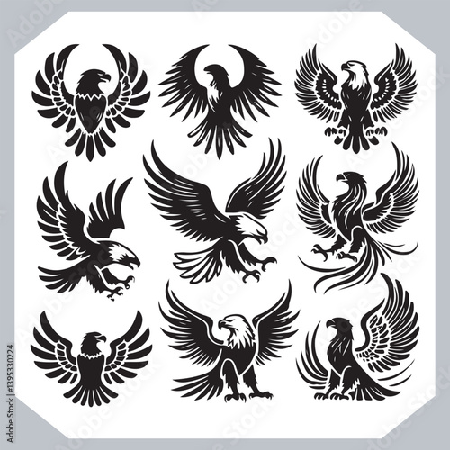 Obraz na płótnie Eagle Vector Illustration Set with Detailed Black and White Designs w salonie