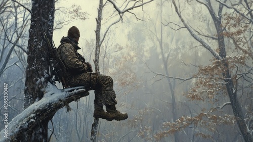 Hunter in camouflage sitting in a tree stand in a snowy winter forest.