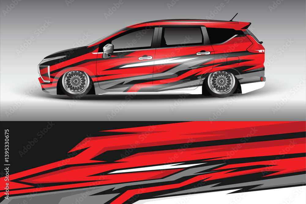 Obraz premium Stylish red and black modified car with striking graphics parked against a gradient background