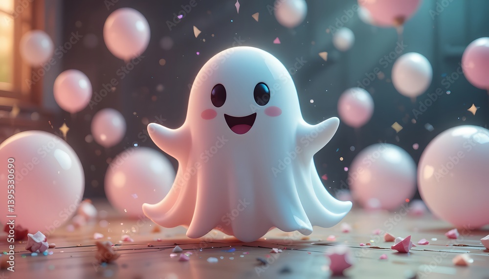 Obraz premium Playful Ghost with Pink Balloons in a Festive Setting