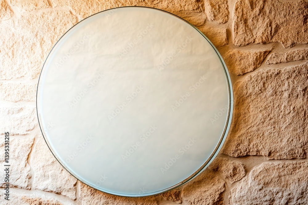 A frameless circular glass frame, subtly frosted on the edges, mounted on a textured sandstone wall, creating a soft, airy visual.