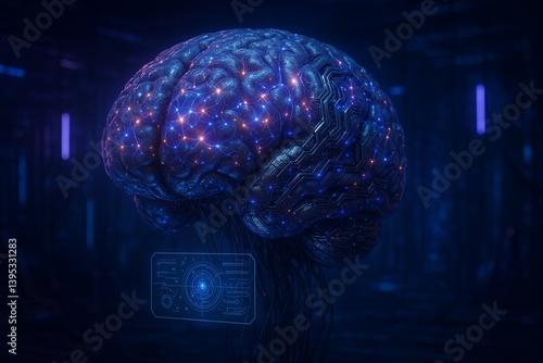 Futuristic Cybernetic Brain with Glowing Neural Network in Neon Laboratory