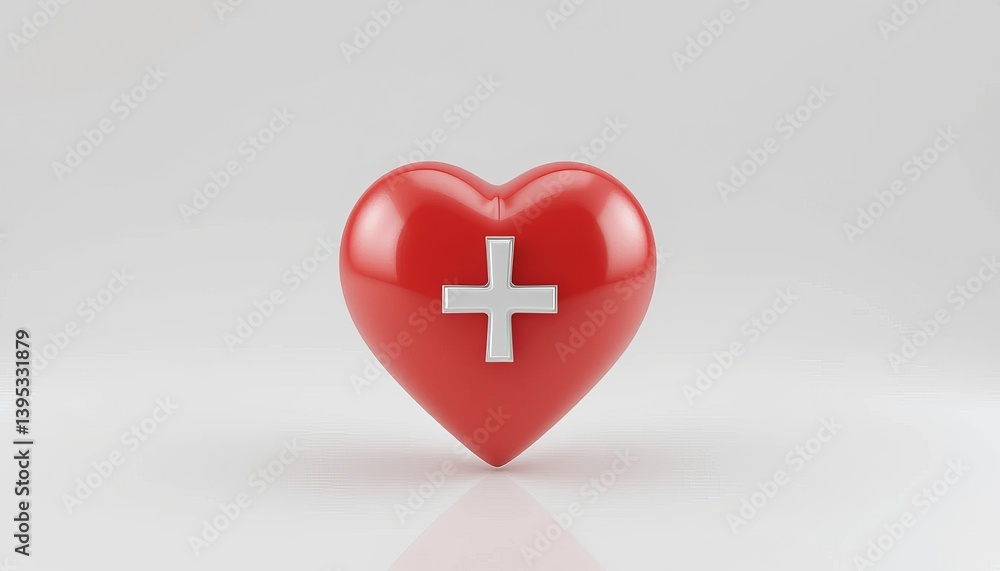 Obraz premium Red Glossy 3D Heart Featuring A White Plus Sign On A White Background