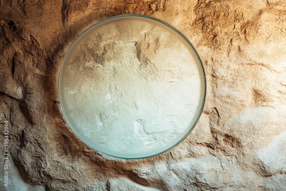 A frameless circular glass frame, subtly frosted on the edges, mounted on a textured sandstone wall, creating a soft, airy visual.