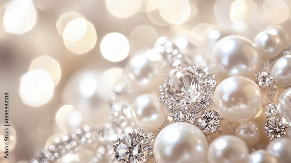 Close-up of lustrous pearls and diamonds with bokeh background. Close-up of lustrous pearls and diamonds with bokeh background.