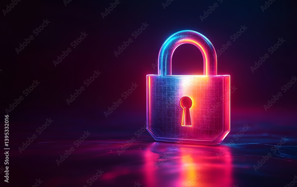 Fototapeta premium Futuristic 3D padlock glowing in chromatic light, blockchain security theme, tranquil background colors, vibrant digital protection concept